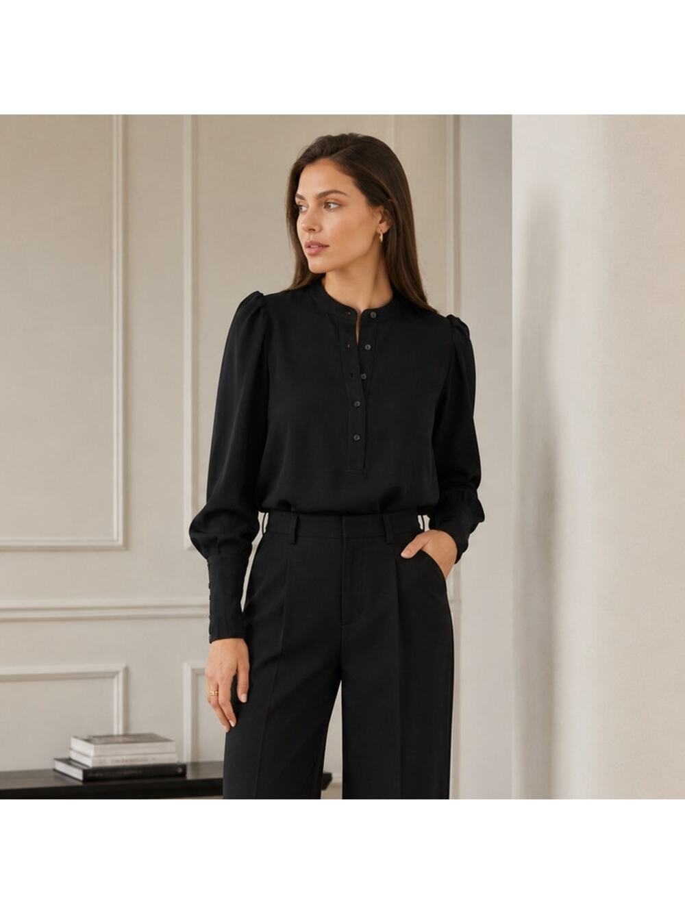 A.L.C. Markle Top Blouse Womens 2 Black Crewneck Button-up Long Sleeve